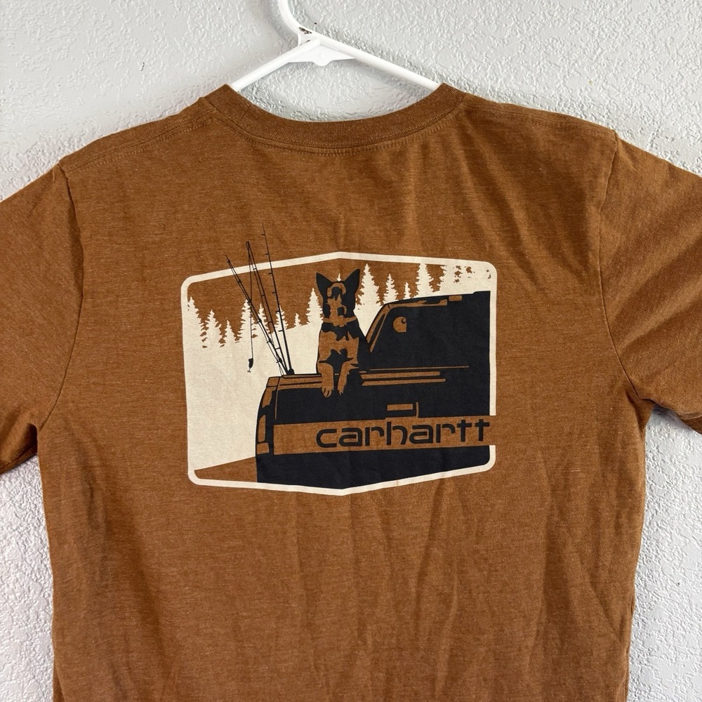 Carhartt T-Shirt Kids 14/16 Brown Graphic Logo Short Sleeve Cotton Dog Fishing